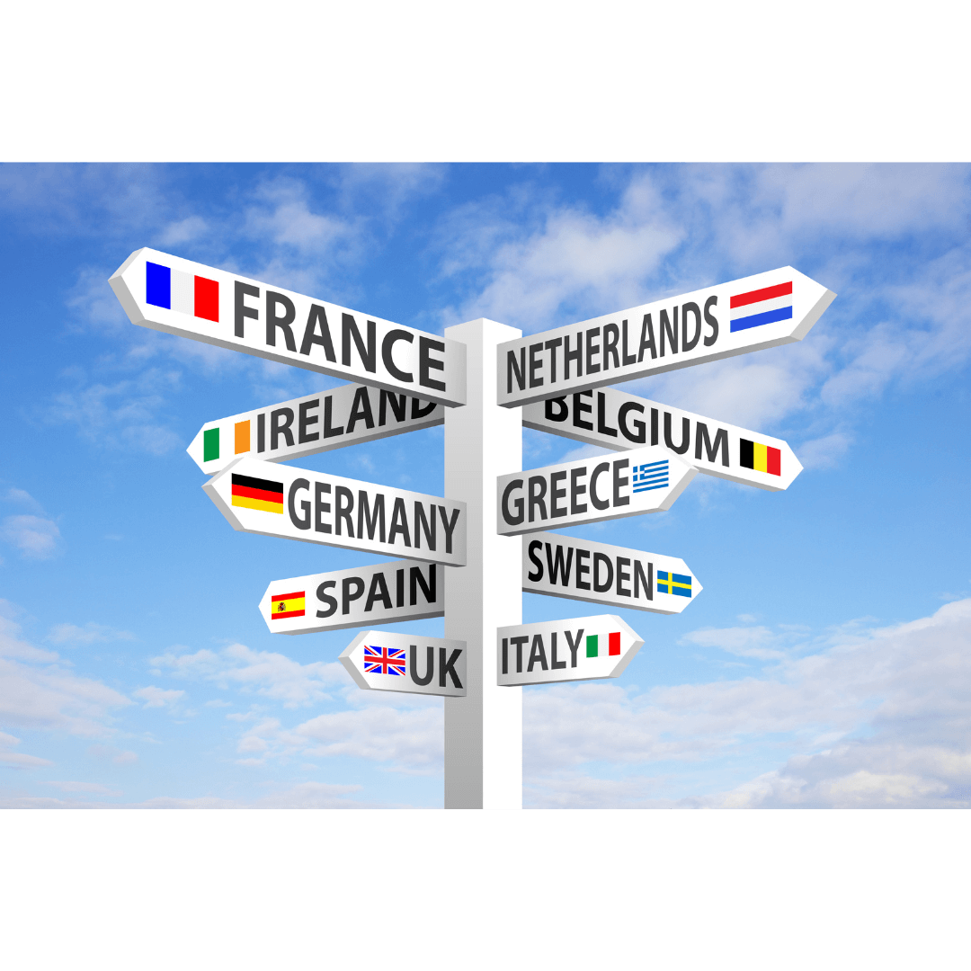Road sign pole with several European countries shown. They include: France, Netherlands, Belgium, Ireland, Germany, Greece, Spain, Sweden, UK, Italy.