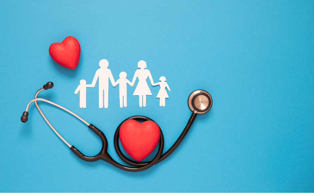 A stick figure drawing of a 5 person family, surrounded by a stethoscope with a heart.